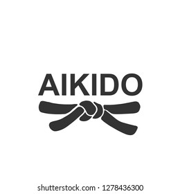 Aikido - vector stylized font with black belt of japanese martial arts on white background. 