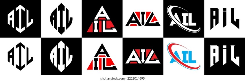 AIL letter logo design in six style. AIL polygon, circle, triangle, hexagon, flat and simple style with black and white color variation letter logo set in one artboard. AIL minimalist and classic logo