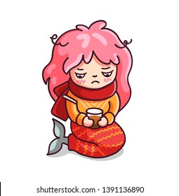 Ailing mermaid with a thermometer and tea cup. Kawaii cartoon character. Vector illustration.