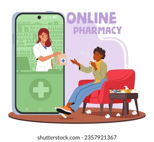 Ailing Woman Orders Medicine From An Online Pharmacy. Female Character Seeking Relief From Illness, She Conveniently Shops For Medication In The Comfort Of Her Home Through The Online Store, Vector