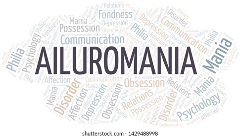 Ailuromania word cloud. Type of mania, made with text only.