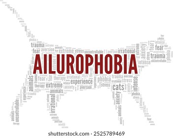 Ailurophobia: Fear of Cats word cloud conceptual design isolated on white background.