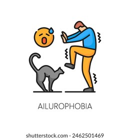 Ailurophobia psychology problem, phobia, mental anxiety line color icon. People psychology, phobia or mental disorder line vector icon. Fear problem thin line sign or symbol with man scared of cat