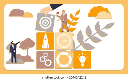 Aim to achieve success. People characters go to the goal. Business success concept for the company. Vector illustration. Vector.