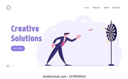 Aim Achievement Mission, Goal Setting Website Landing Page. Business Strategy, Businessman Throw Darts to Target. Opportunity Challenge Task Solution Web Page Banner. Cartoon Flat Vector Illustration