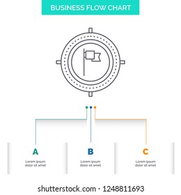 Aim, business, deadline, flag, focus Business Flow Chart Design with 3 Steps. Line Icon For Presentation Background Template Place for text