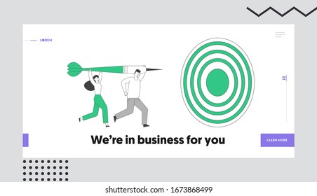 Aim Challenge, Task Solution, Strategy Goals Landing Page Template. Business People Mission Achievement and Corporate Competition. Business Characters Throw Darts to Target. Linear Vector Illustration