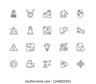 Aim, Clap, Businessman and strategy, Profits, Best, Strategy thought, strategy Management, Bulb, Paper plane, Rook, career Ladder outline vector icons from 20 set