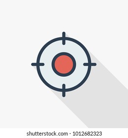 Aim, goal, target thin line flat color icon. Linear vector illustration. Pictogram isolated on white background. Colorful long shadow design.