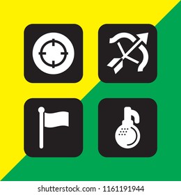 aim icon. 4 aim set with flag signal in black cloth on a pole, archery, target and grenade vector icons for web and mobile app