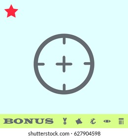 Aim icon flat. Grey pictogram on blue background. Vector illustration symbol and bonus buttons medal, cow, earth, eye, calculator