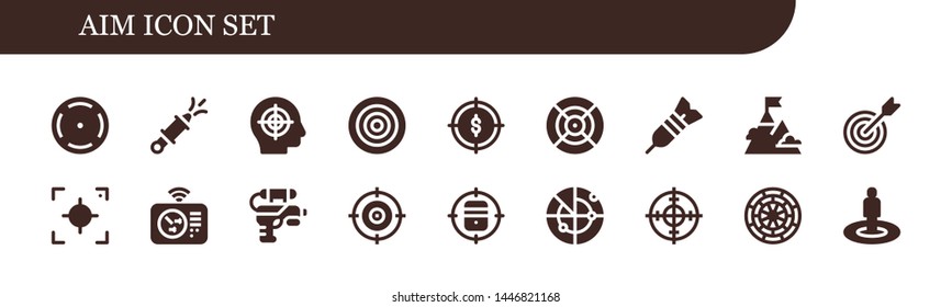 aim icon set. 18 filled aim icons.  Collection Of - Focus, Water gun, Target, Dartboard, Dart, Goal, Radar, Dart board