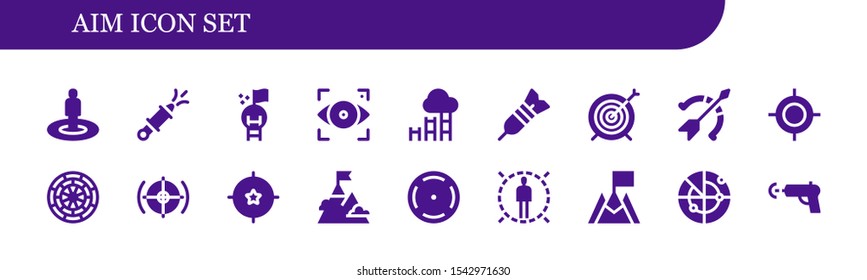 aim icon set. 18 filled aim icons.  Collection Of - Target, Water gun, Goal, Focus, Dart, Archery, Dart board, Radar icons