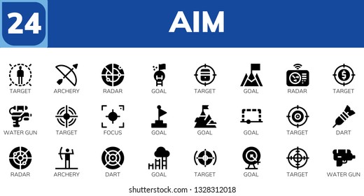 aim icon set. 24 filled aim icons.  Simple modern icons about  - Target, Archery, Radar, Goal, Water gun, Focus, Dart