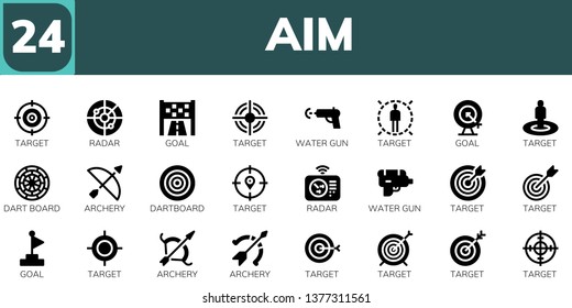 aim icon set. 24 filled aim icons.  Collection Of - Target, Radar, Goal, Water gun, Dart board, Archery, Dartboard
