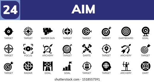 aim icon set. 24 filled aim icons.  Collection Of - Target, Water gun, Dartboard, Goal, Focus, Archery, Darts, Radar, Dart icons