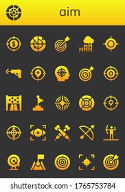 aim icon set. 26 filled aim icons.  Simple modern icons such as: Target, Radar, Goal, Water gun, Dart, Focus, Darts, Archery, Dartboard