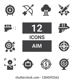 aim icon set. Collection of 12 filled aim icons included Darts, Target, Goal, Focus, Dartboard, Water gun, Archery