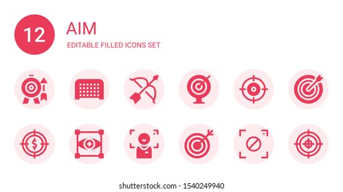 aim icon set. Collection of 12 filled aim icons included Goal, Archery, Darts, Shooter, Target, Focus, Dart board