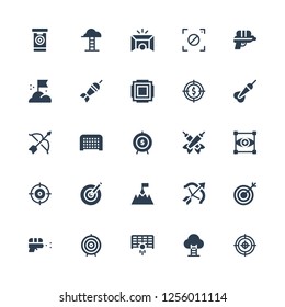 aim icon set. Collection of 25 filled aim icons included Target, Goal, Dart board, Water gun, Archery, Dartboard, Shooter, Focus, Darts, Dart, Goals