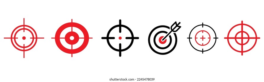Apuntar conjunto de iconos. colección de 6 íconos rellenos de objetivos como radar, objetivo, francotirador aislado en fondo blanco .mejor elección para su gran proyecto