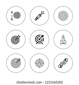 Aim icon set. collection of 9 outline aim icons with dart, goal, focus, target icons. editable icons.