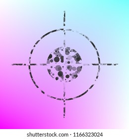 Aim icon. Vector. Gray icon with bubbled texture at color background with pink and sky blue corners.