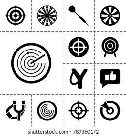 Aim icons. set of 13 editable filled aim icons such as radar, sligshot, dart, target, thumb up