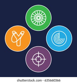Aim icons set. set of 4 aim outline icons such as radar, sniper target, sligshot