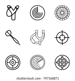 Aim icons. set of 9 editable outline aim icons such as radar, sligshot, target, dart