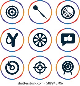 aim icons set. Set of 9 aim filled icons such as radar, target, dart, sniper target, thumb up