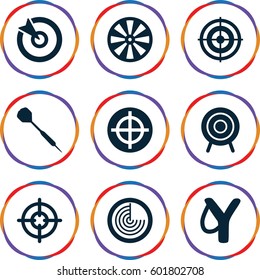 aim icons set. Set of 9 aim filled icons such as radar, target, dart, sniper target
