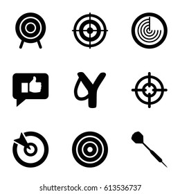 Aim icons set. set of 9 aim filled icons such as radar, target, dart, sniper target, thumb up