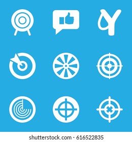 Aim icons set. set of 9 aim filled icons such as radar, target, sniper target, thumb up, sligshot