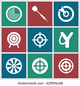 Aim icons set. set of 9 aim filled icons such as radar, target, dart, sniper target