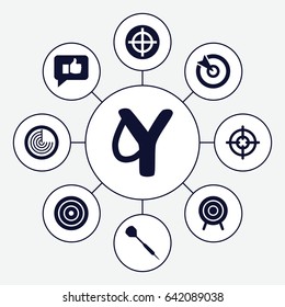 Aim icons set. set of 9 aim filled icons such as radar, target, dart, sniper target, thumb up