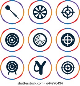 Aim icons set. set of 9 aim filled icons such as radar, target, dart, sniper target