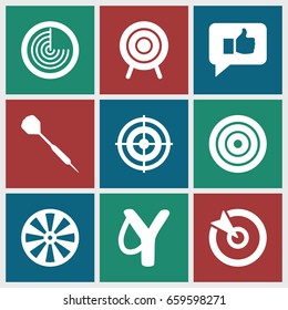 Aim icons set. set of 9 aim filled icons such as radar, target, dart, thumb up