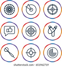 Aim icons set. set of 9 aim outline icons such as radar, sniper target, dart, target, sligshot