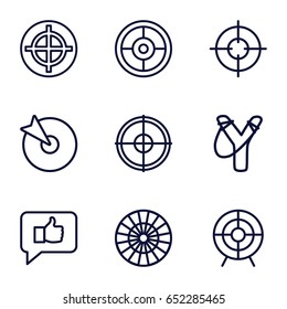 Aim icons set. set of 9 aim outline icons such as target, sniper target, sligshot, dart