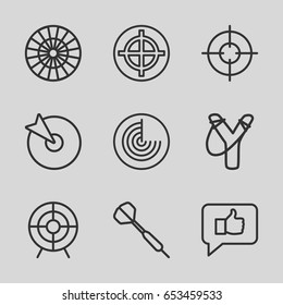 Aim icons set. set of 9 aim outline icons such as radar, target, sniper target, dart, sligshot