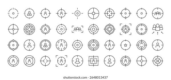 Aim Line Icon Bundle (Pacote De Ícones Da Linha Aim). Sinais de tópicos alvo para design gráfico e Web, aplicativos, anúncios, várias cartas 