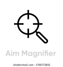Aim Magnifier Target icon. Editable line vector. Vintage symbol of a lens in the form of a sight with a holder. Single pictogram.