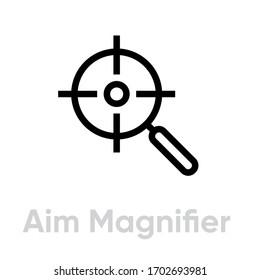 Aim Magnifier Targets Icon. Editable Line Vector. Symbol Of A Lens In The Form Of A Gun Sight With A Holder. Single Pictogram.