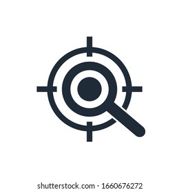 Aim and magnifying glass.  Study the target, the problem. Vector icon isolated on white background.