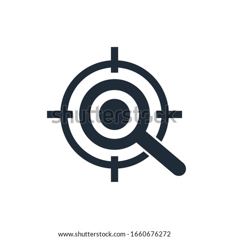 Aim and magnifying glass.  Study the target, the problem. Vector icon isolated on white background.