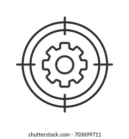 Aim on cogwheel linear icon. Search settings, options thin line illustration. Engineer finding contour symbol. Vector isolated outline drawing
