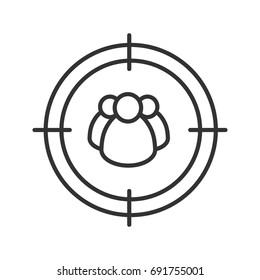Aim on group of people linear icon. Searching groups, users and organisations. Thin line illustration. Customers, clients finding contour symbol. Vector isolated outline drawing
