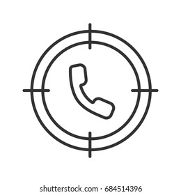 Aim on handset linear icon. Call center operator searching thin line illustration. Hot line. Phone sales. Finding clients contour symbol. Vector isolated outline drawing