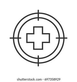 Aim on medical cross linear icon. Hospital, clinic finding thin line illustration. Medical service searching contour symbol. Vector isolated outline drawing